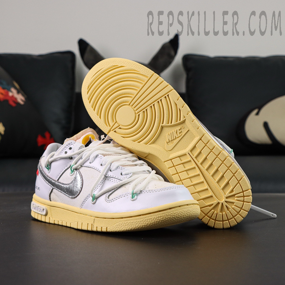 Off-White x Nike Dunk Low Lot 01 of 50 outsole and side profile displaying yellow rubber sole