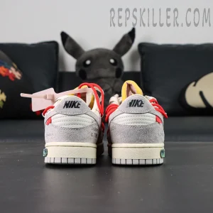 Rear view of Off-White x Nike Dunk Low Lot 33 of 50 featuring Nike heel branding and red overlace system.