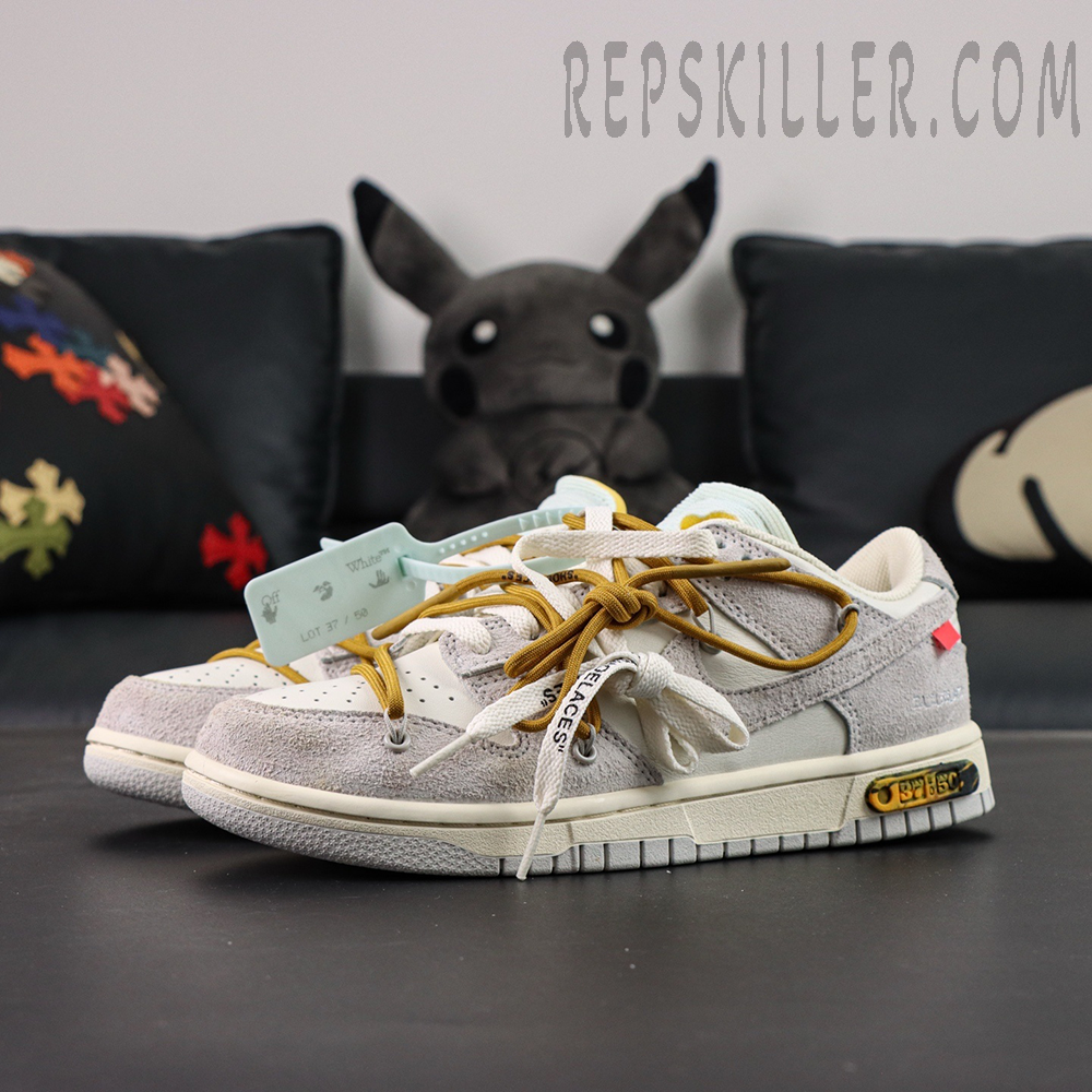Off-White x Nike Dunk Low Lot 37 of 50 side-by-side front angle with zip tie and extra laces