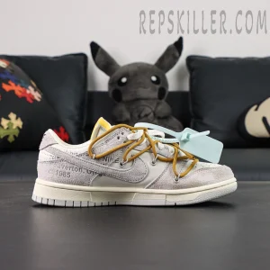 Off-White x Nike Dunk Low Lot 37 of 50 lateral side view displaying suede overlays and text print