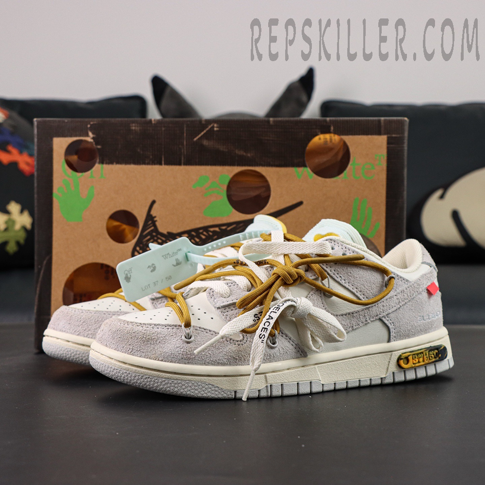 Off-White x Nike Dunk Low Lot 37 of 50 studio shot with original shoebox in background