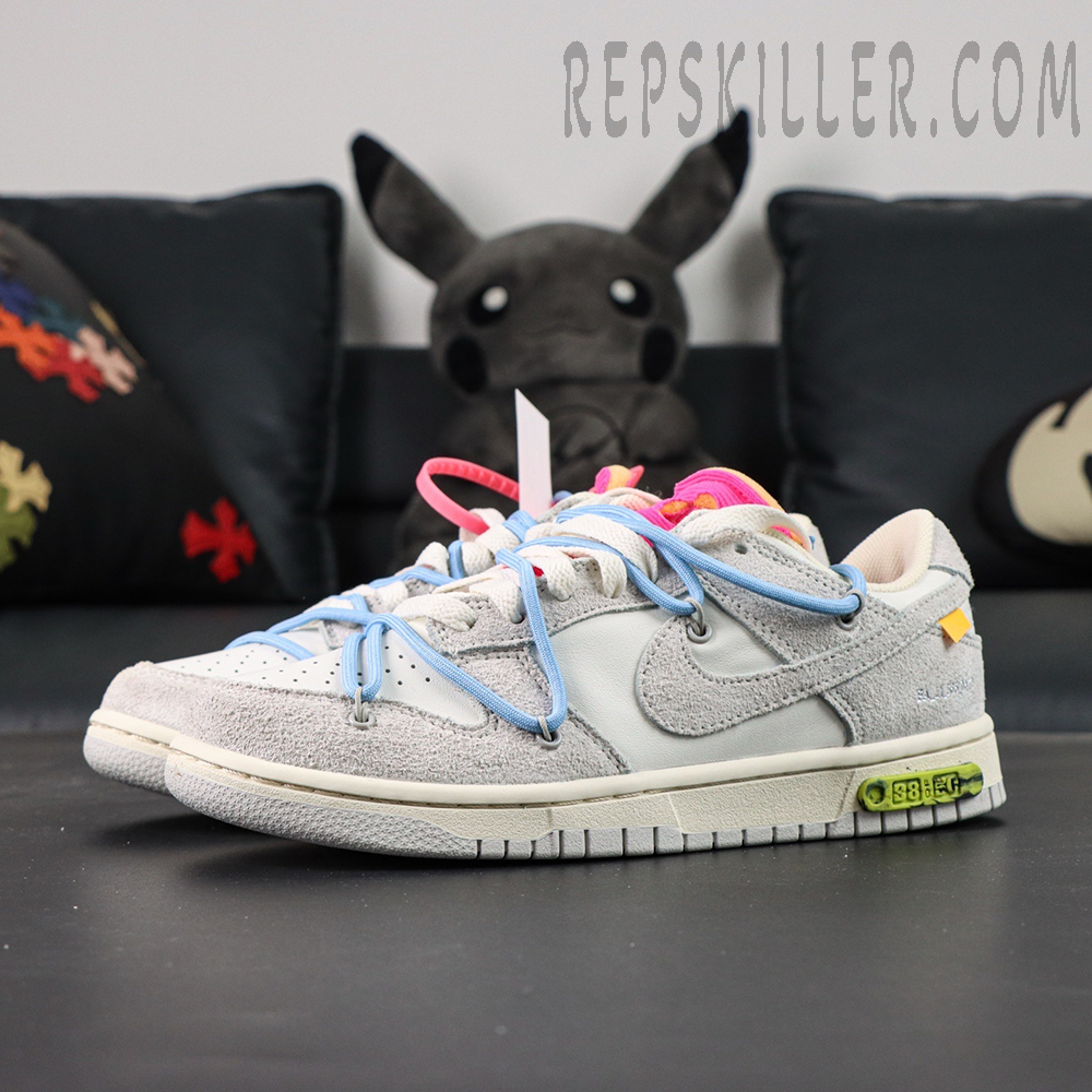Off-White x Nike Dunk Low Lot 38 of 50 sneakers side view with blue overlace and pink tongue
