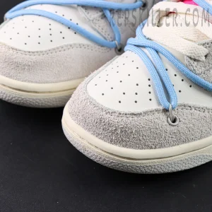Close-up of Off-White x Nike Dunk Low Lot 38 of 50 toe box with suede overlay and blue rope laces