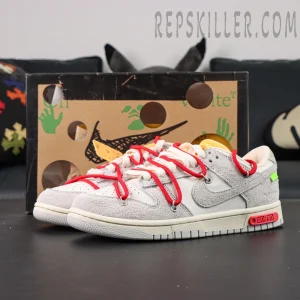 Off-White x Nike Dunk Low Lot 40 of 50 with box – side view featuring red secondary laces and suede overlays
