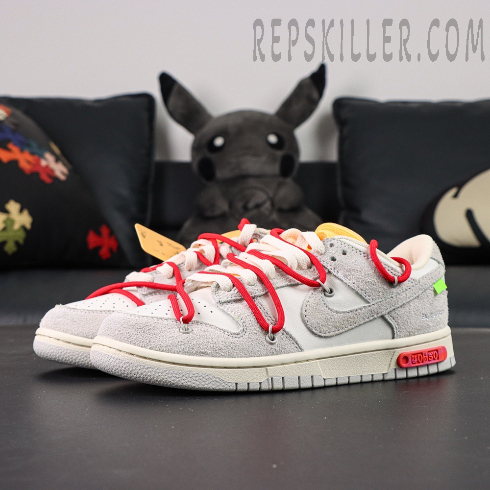 Off-White x Nike Dunk Low Lot 40 of 50 lateral side profile showing grey suede and red rope lacing