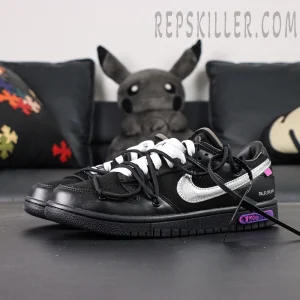 Side-by-side view of Off-White x Nike Dunk Low Lot 50 of 50 in black and silver with white and black laces.