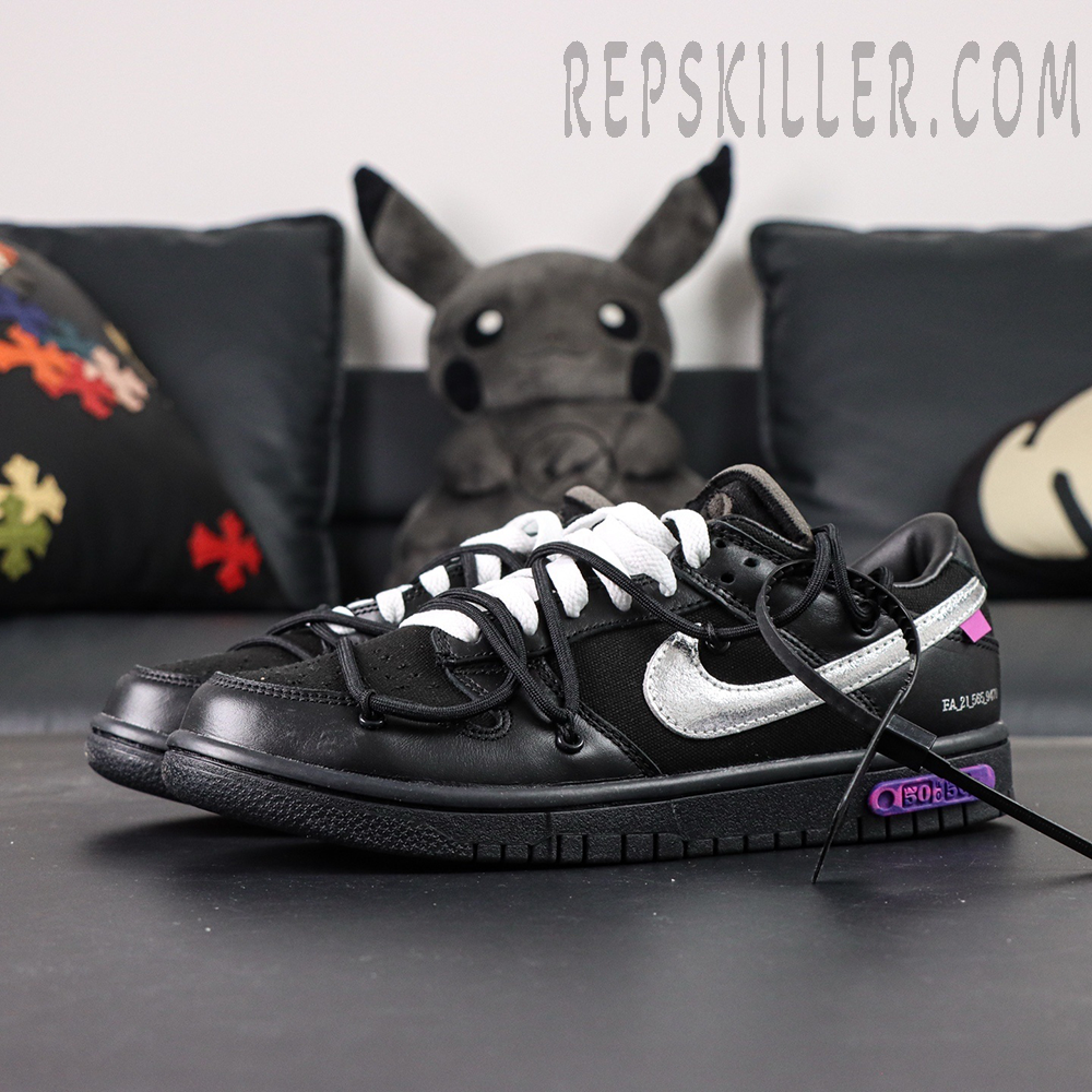 Side-by-side view of Off-White x Nike Dunk Low Lot 50 of 50 in black and silver with white and black laces.