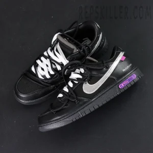 Top-down view of Off-White x Nike Dunk Low Lot 50 of 50 showing black mesh toe box and silver Swoosh.