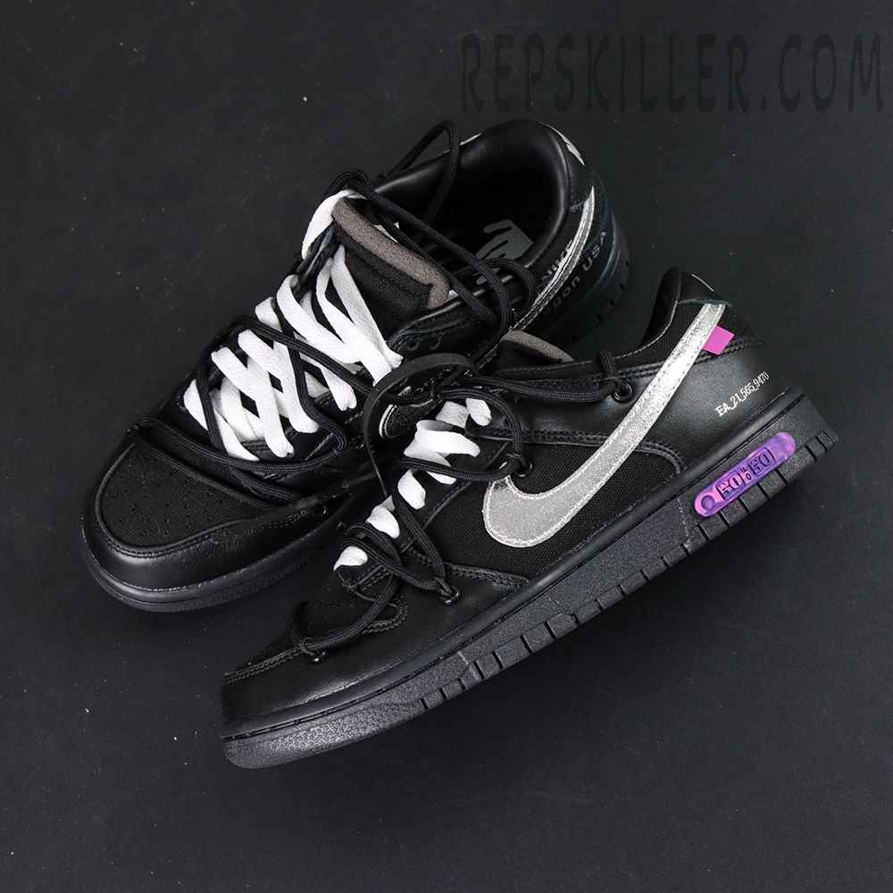 Top-down view of Off-White x Nike Dunk Low Lot 50 of 50 showing black mesh toe box and silver Swoosh.