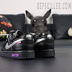 Rear angle of Off-White x Nike Dunk Low Lot 50 of 50 highlighting Nike heel branding and purple lot tab.