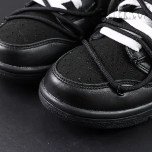Close-up of Off-White x Nike Dunk Low Lot 50 of 50 black toe box with double-lace system.
