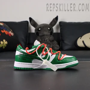 Off-White x Nike Dunk Low ‘Pine Green’ shoes with box – side angle display