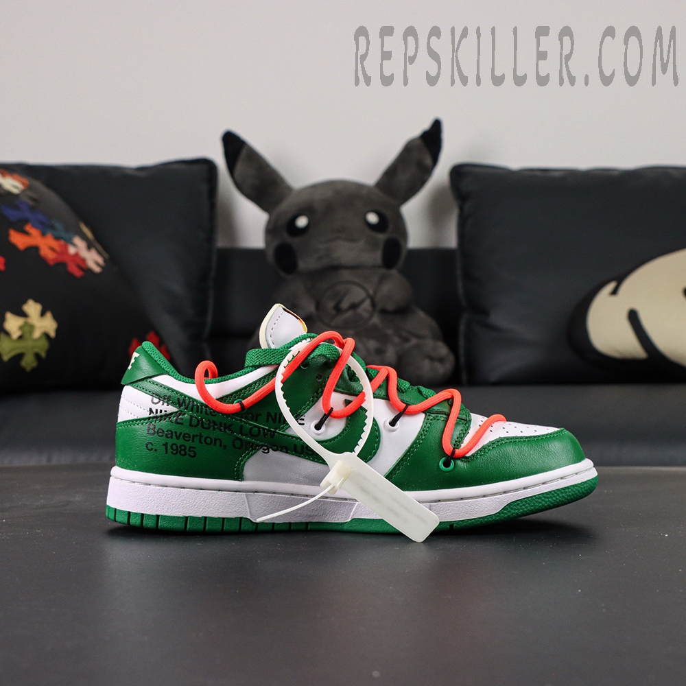 Off-White x Nike Dunk Low ‘Pine Green’ shoes with box – side angle display