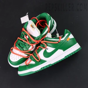 Off-White x Nike Dunk Low ‘Pine Green’ top view showing dual laces in green and orange
