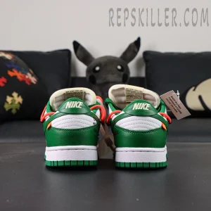 Off-White x Nike Dunk Low ‘Pine Green’ back heel view with Nike logo