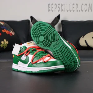 Off-White x Nike Dunk Low ‘Pine Green’ outsole and side view display