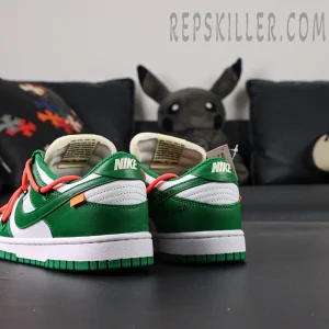 Off-White x Nike Dunk Low ‘Pine Green’ rear angle showing branding and zip tie