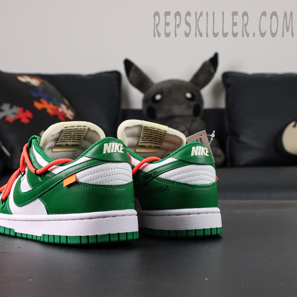 Off-White x Nike Dunk Low ‘Pine Green’ rear angle showing branding and zip tie