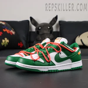 Off-White x Nike Dunk Low ‘Pine Green’ front-side angle showing color blocking