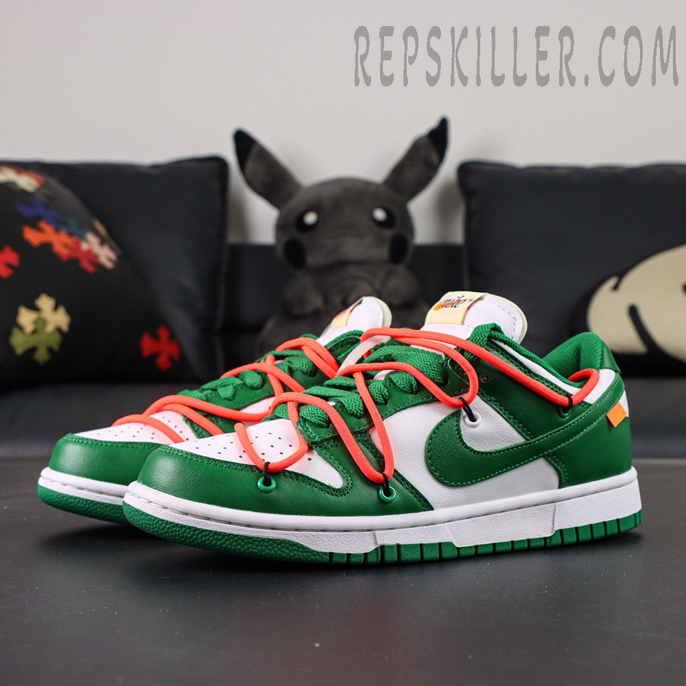 Off-White x Nike Dunk Low ‘Pine Green’ front-side angle showing color blocking