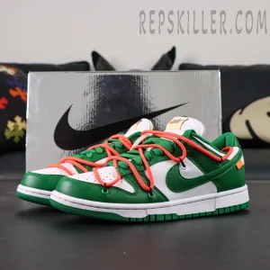 Off-White x Nike Dunk Low ‘Pine Green’ full side display with metallic silver box in background