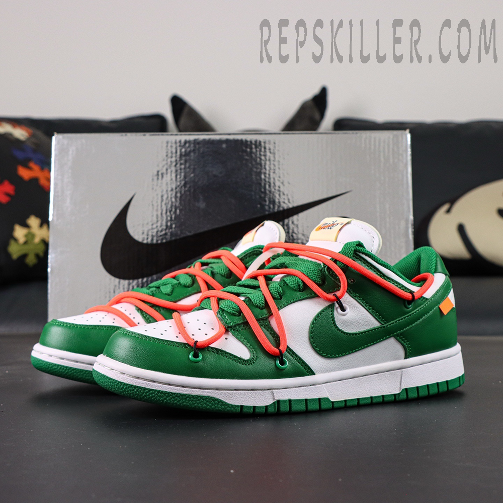 Off-White x Nike Dunk Low ‘Pine Green’ full side display with metallic silver box in background