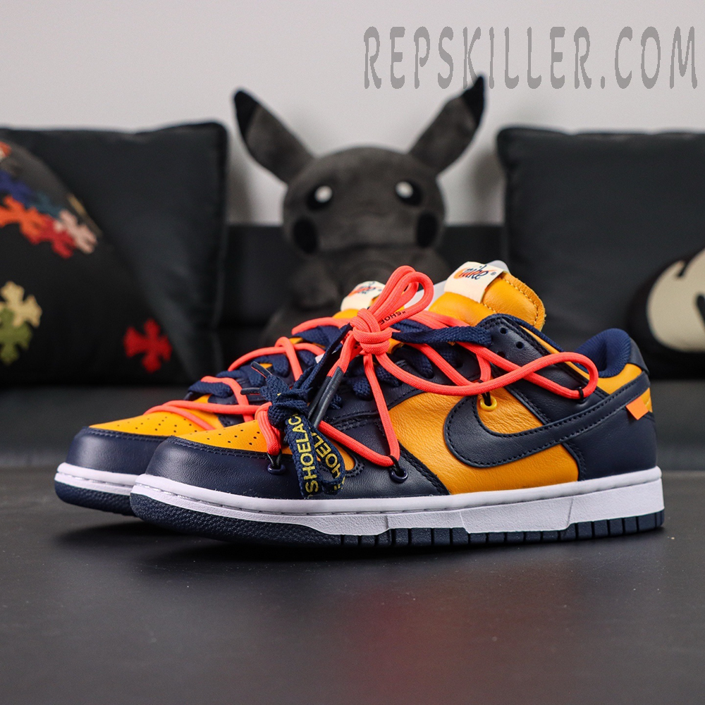 Side view of Off-White x Nike Dunk Low University Gold highlighting navy and gold leather panels