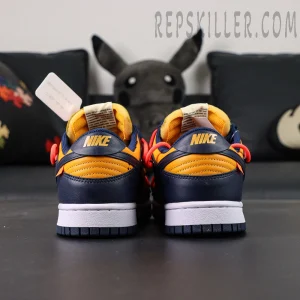Rear view of Off-White x Nike Dunk Low University Gold showing yellow Nike heel branding