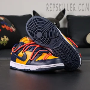 Outsole and side view of Off-White x Nike Dunk Low University Gold displaying navy rubber sole