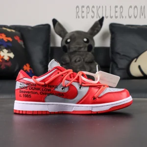 Rear view of the Off-White x Nike Dunk Low “University Red” with bold NIKE heel branding, layered leather construction, and classic Dunk silhouette.