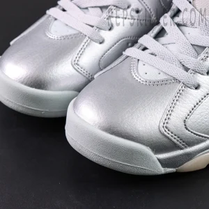 PSG x Air Jordan 6 Metallic Silver close-up of toe box and tumbled metallic leather detail