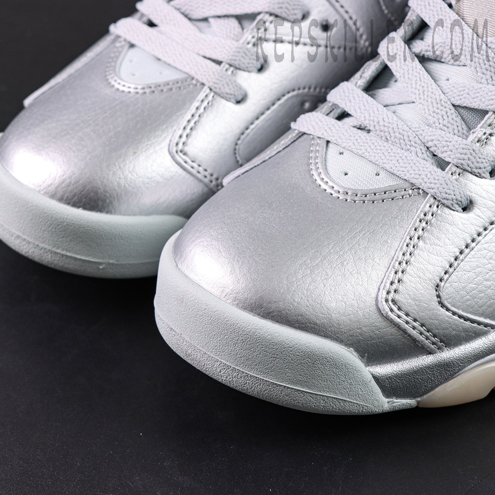 PSG x Air Jordan 6 Metallic Silver close-up of toe box and tumbled metallic leather detail