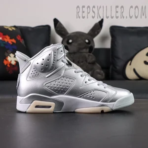 PSG x Air Jordan 6 Metallic Silver side view in metallic leather with milky outsole