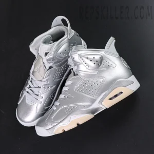 PSG x Air Jordan 6 Metallic Silver top view showing perforated panels and lace system
