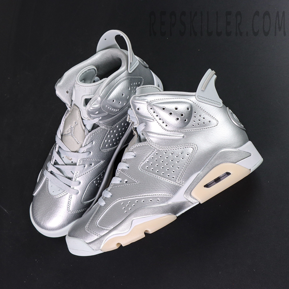 PSG x Air Jordan 6 Metallic Silver top view showing perforated panels and lace system