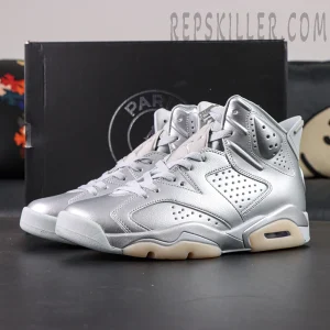PSG x Air Jordan 6 Metallic Silver front angle with premium metallic leather upper