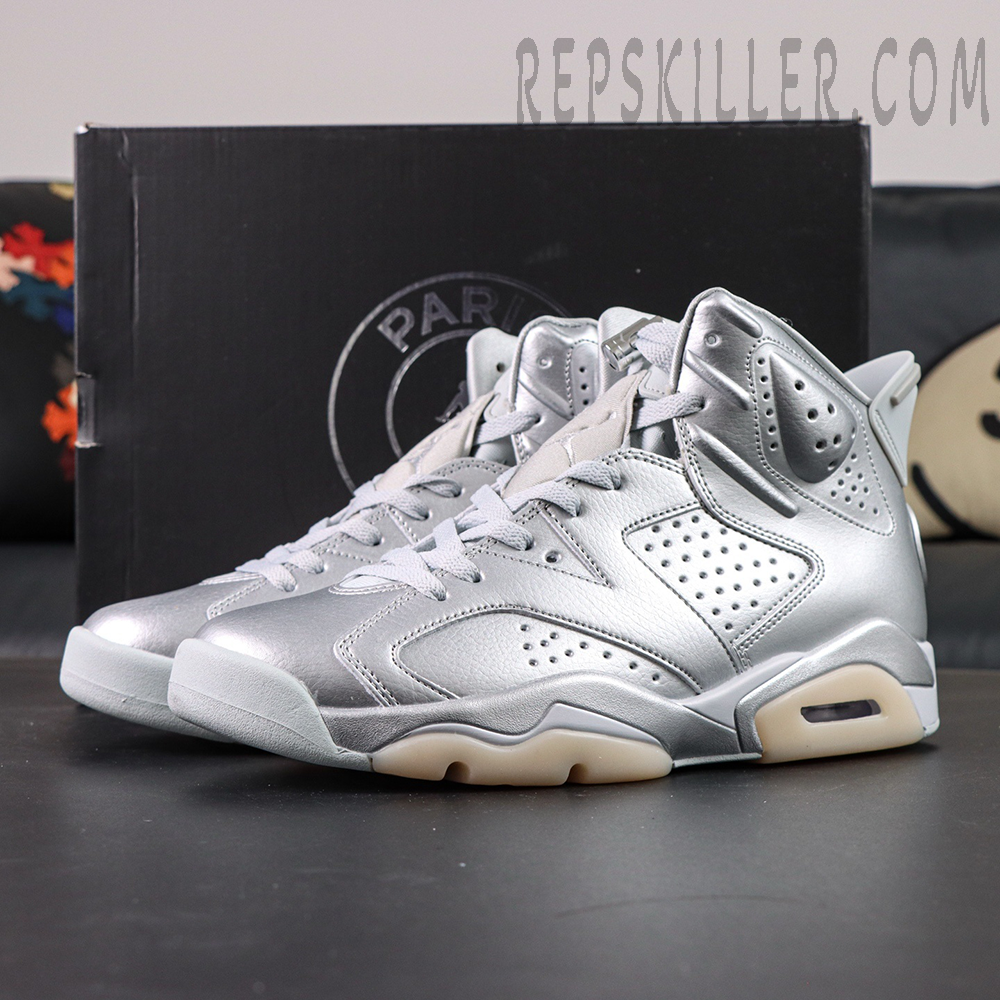 PSG x Air Jordan 6 Metallic Silver front angle with premium metallic leather upper