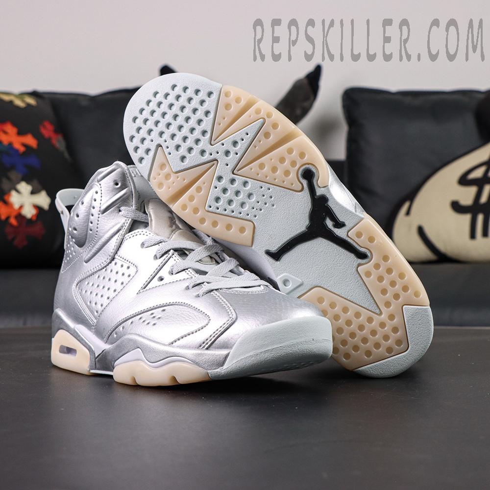 PSG x Air Jordan 6 Metallic Silver outsole with translucent milky rubber and Jumpman logo