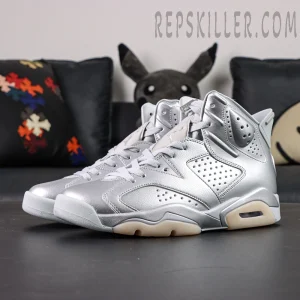 PSG x Air Jordan 6 Metallic Silver side pair display with metallic leather and milky outsole