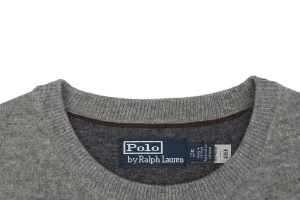 Ralph Lauren Grey Embroidered Pony Crewneck Wool Sweater Collar