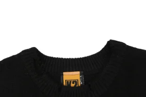 Saint Michael x KLF Intarsia Logo Distressed Wool Sweater Collar