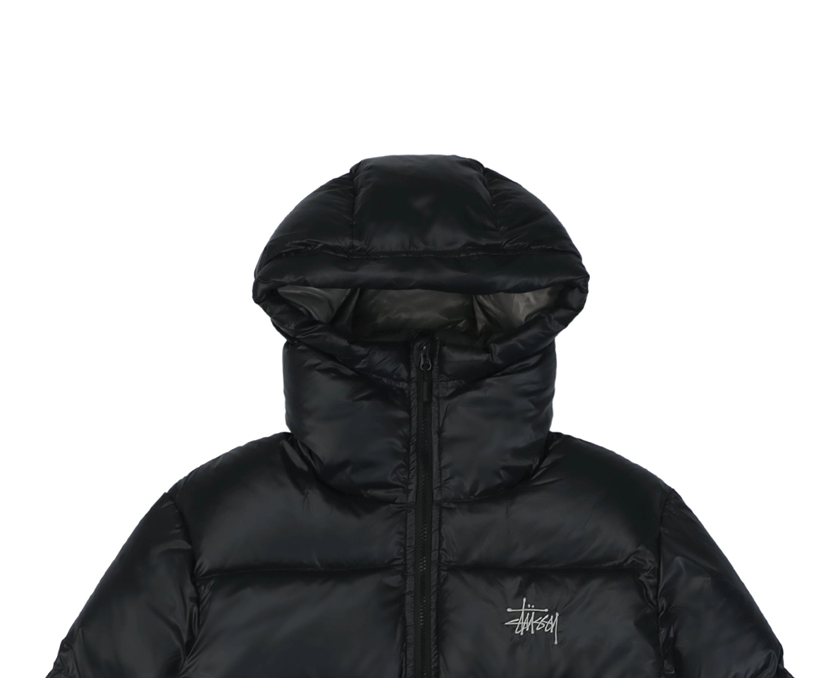 Stussy Classic Logo Hooded Down Jacket – Black/Grey Embroidery