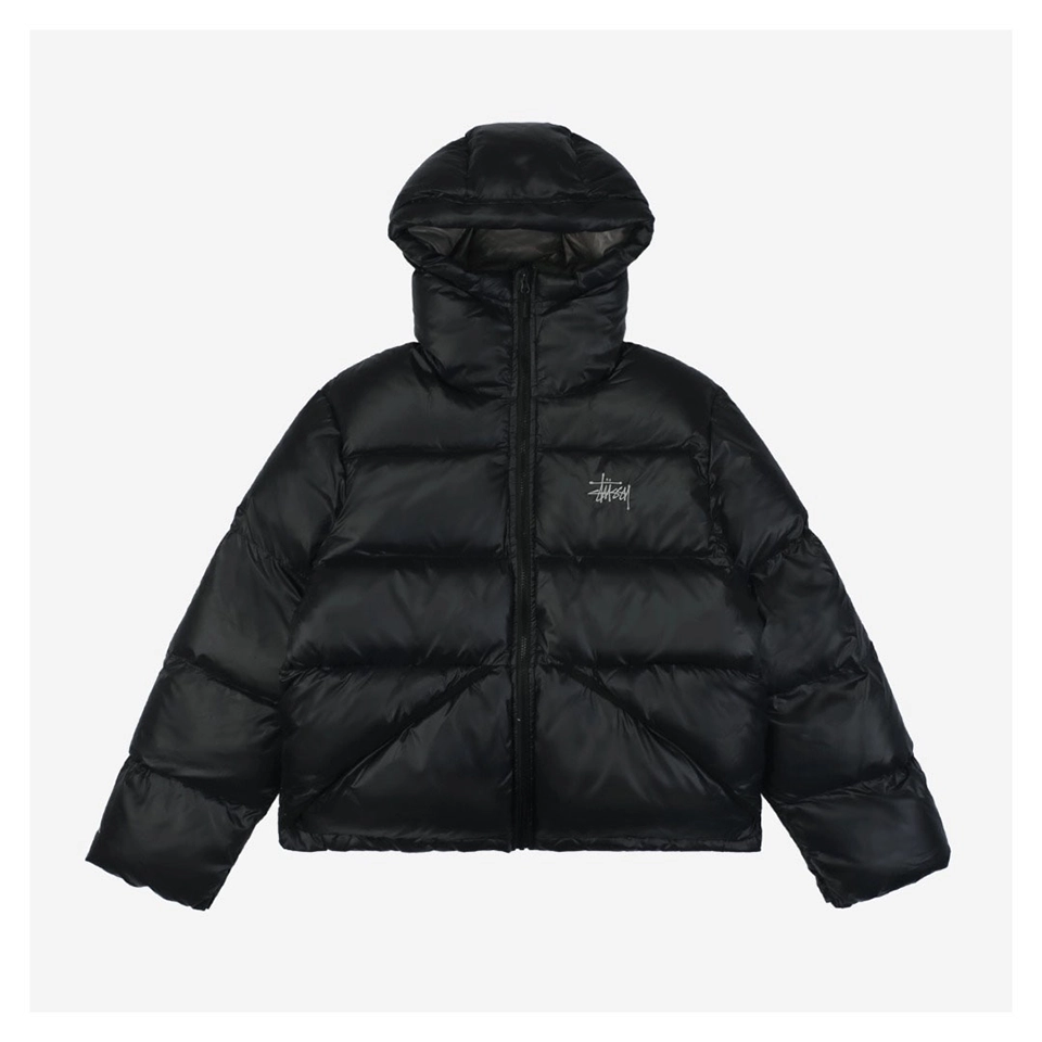 Stussy Classic Logo Hooded Down Jacket – Black/Grey Embroidery