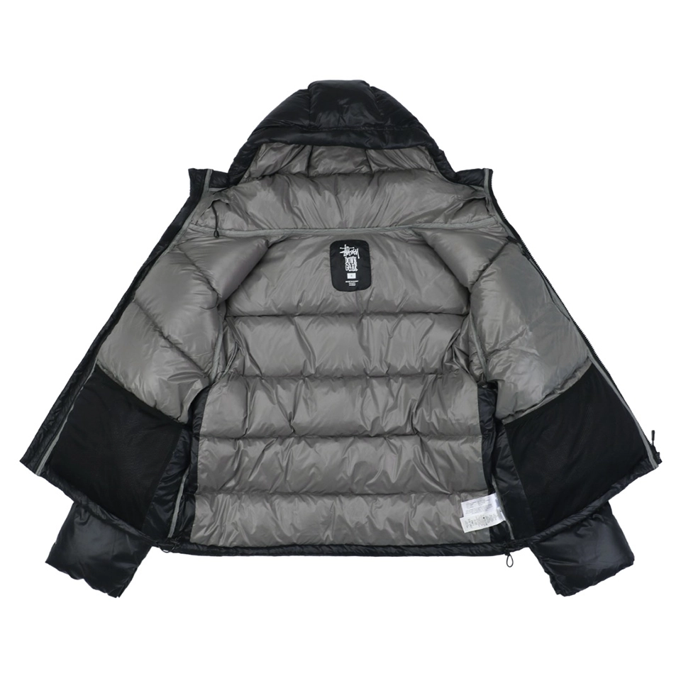 Stussy Classic Logo Hooded Down Jacket – Black/Grey Embroidery