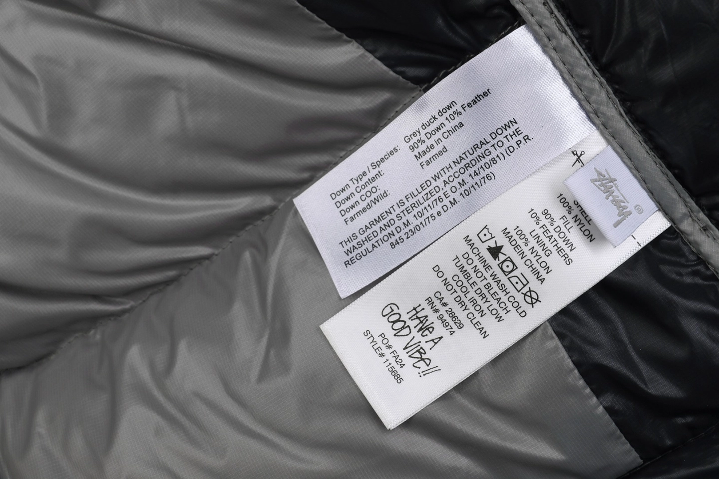 Stussy Classic Logo Hooded Down Jacket – Black/Grey Embroidery