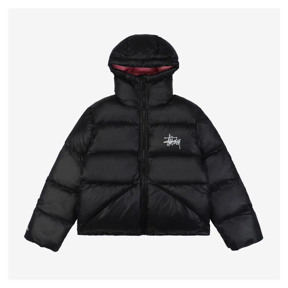 Stussy Classic Logo Hooded Down Jacket – Black/Pink