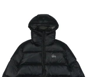 Stussy Classic Logo Hooded Down Jacket – Black/Grey Embroidery
