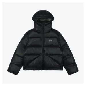 Stussy Classic Logo Hooded Down Jacket – Black/Grey Embroidery Front view