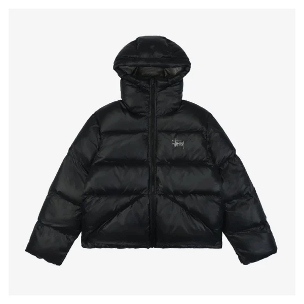 Stussy Classic Logo Hooded Down Jacket – Black/Grey Embroidery Front view