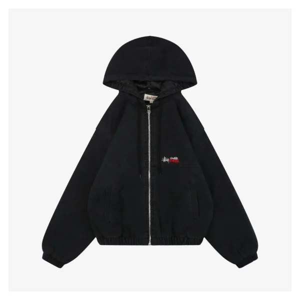 Stussy Embroidered Logo Hooded Cotton Jacket Black Fornt view